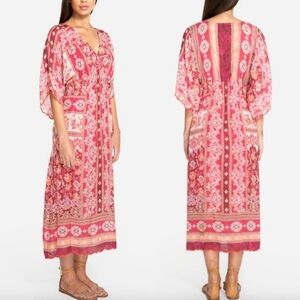 Johnny Was Cardinal Printed Dress Midi Multi Floral Smocked Festival